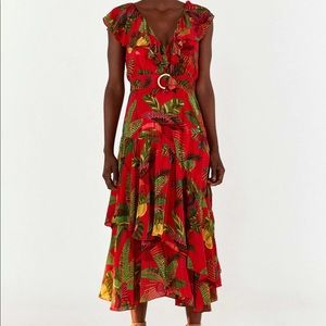 Farm Rio Red Forest Birds Belted Midi Dress